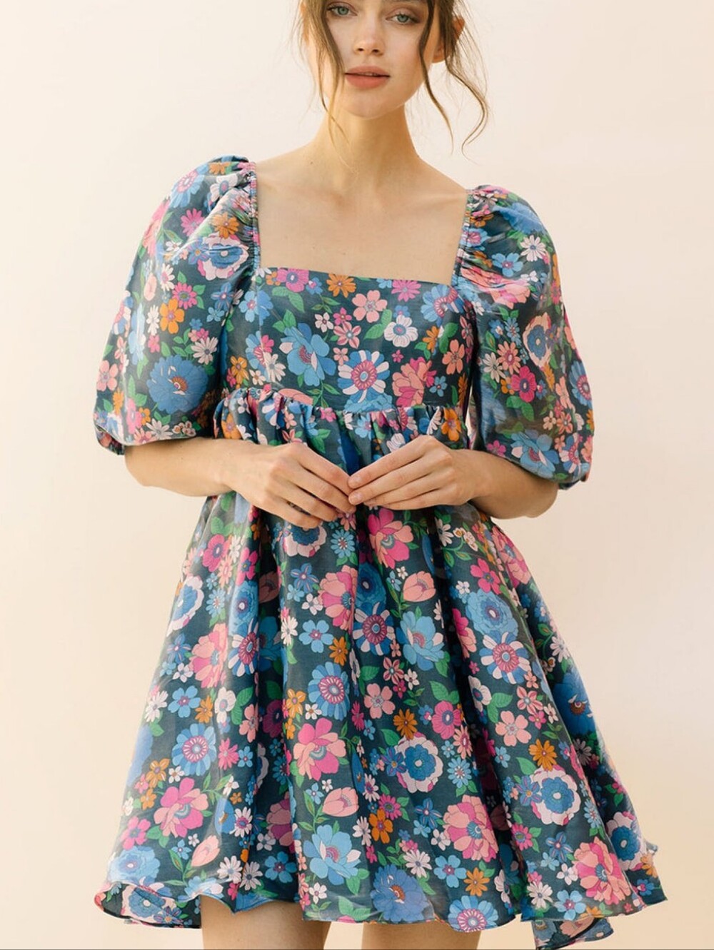 Storia Floral Puff-Sleeve Babydoll Dress - Blue Multi